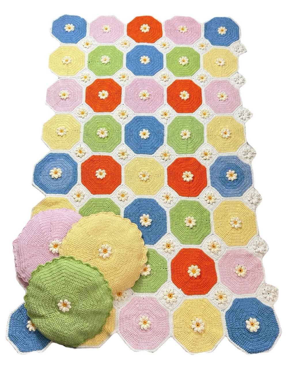 Handmade Crochet Blanket Throw Afghan + 3 Pillows Granny Square Pastel Floral